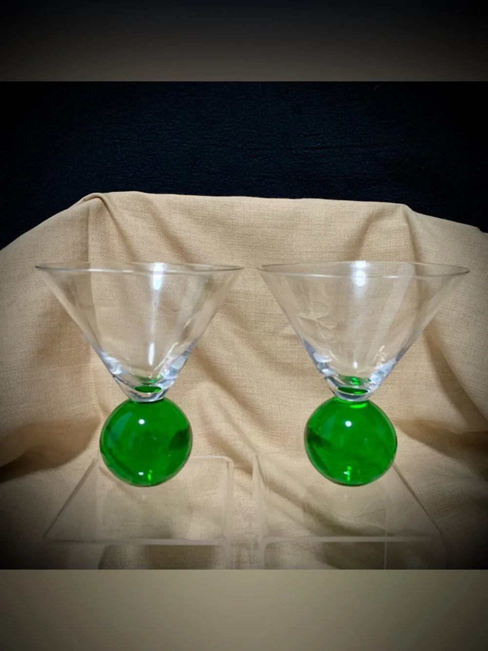 🔍Vintage Martini Glasses Green Ball Stem Cocktail Glasses (2) Mid-Century Style